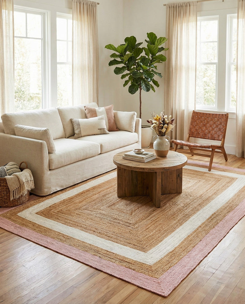 Woven Seaside Jute Collection Area Rug - Nantucket Rectangle Pink White Natural  lifestyle 15