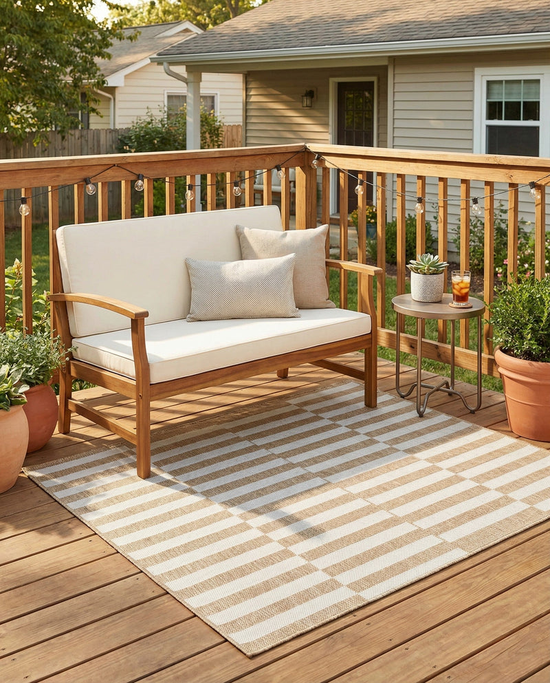 Seaside Stripes Collection Area Rug - Cabana (Taupe) Square Taupe  lifestyle 40