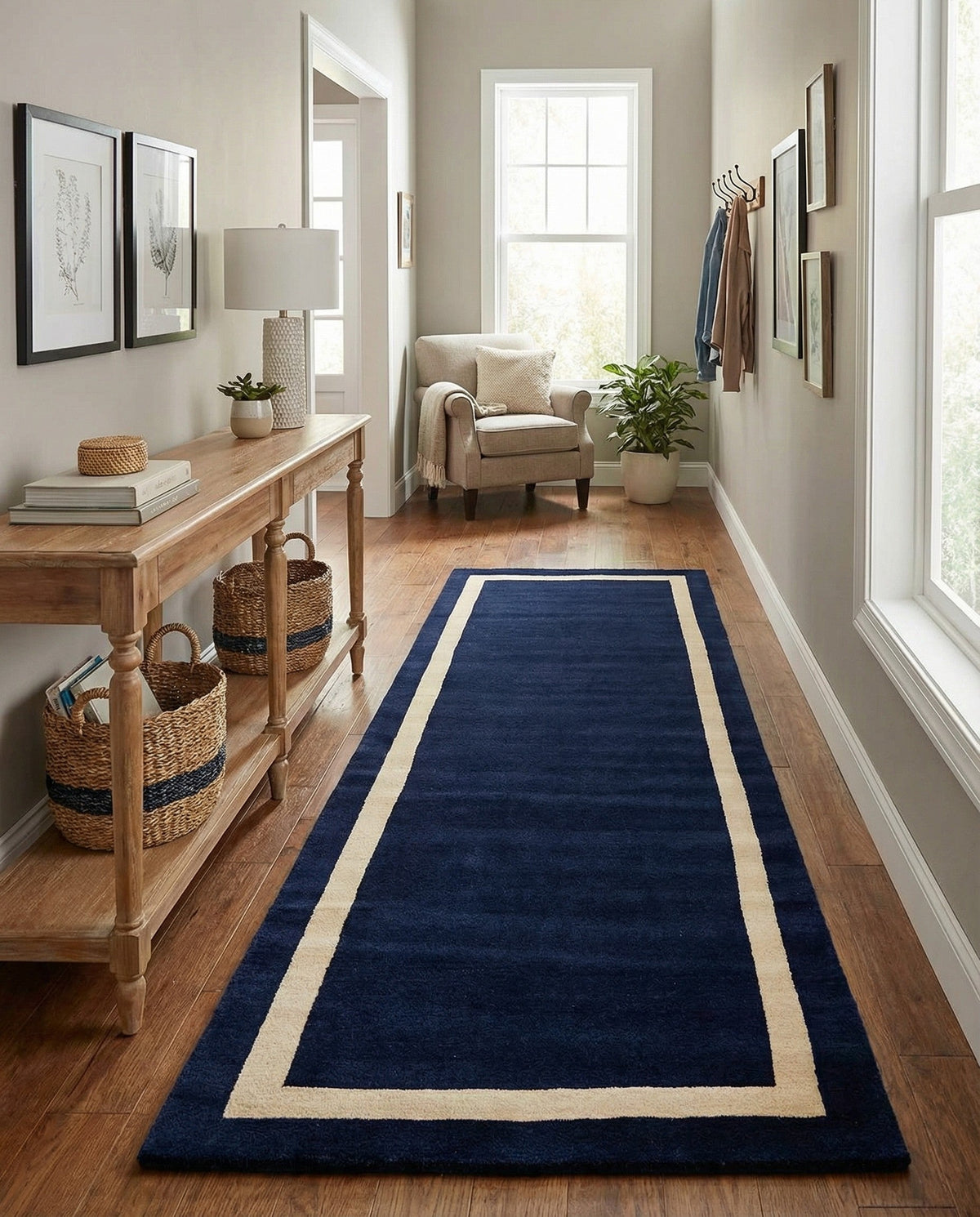 Savannah Borders Wool Collection Area Rug - Chatham Runner Cobalt Blue  lifestyle 169