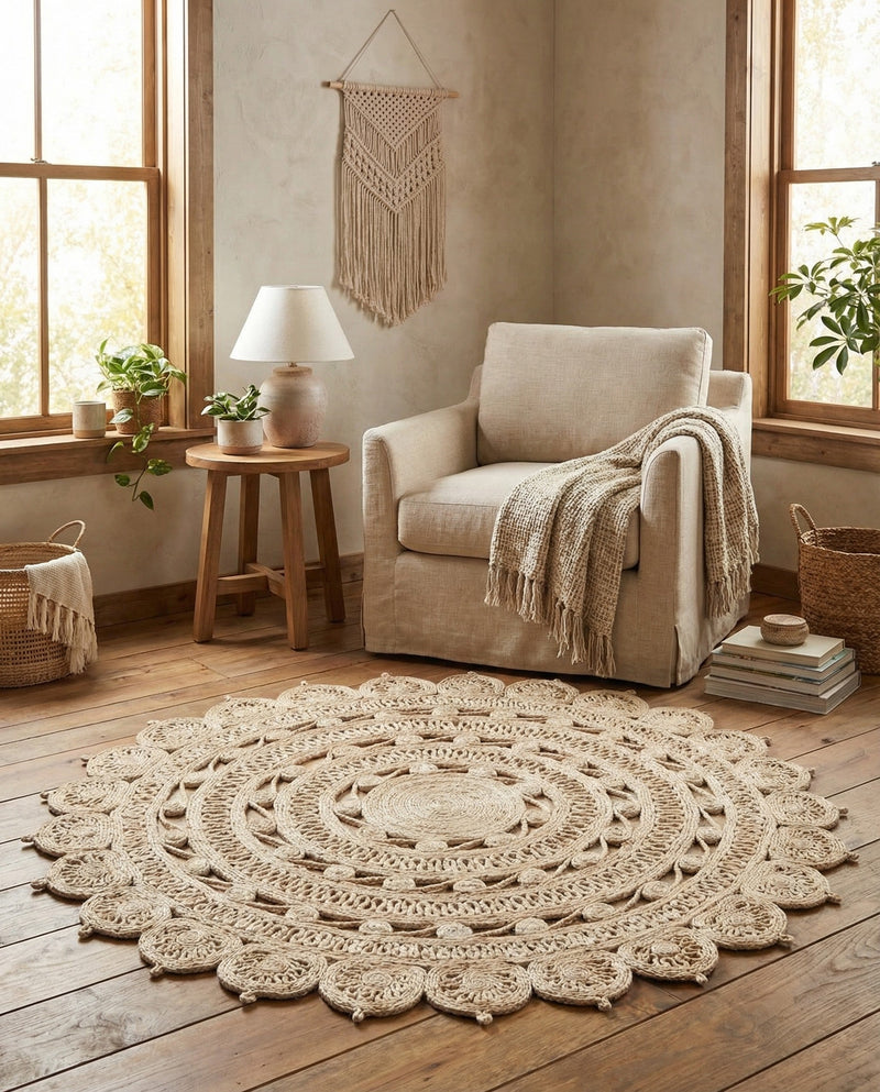 Woven Seaside Jute Collection Area Rug - Coastalhaven (Ivory) Round Ivory  lifestyle 14