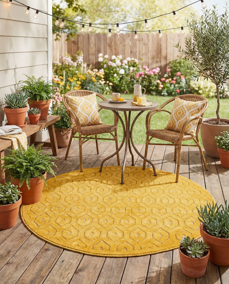 Garden Lattice Charm Collection Area Rug - Arbor (Yellow) Round Yellow  lifestyle 28