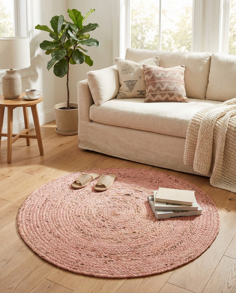 Woven Seaside Jute Collection Area Rug - Savannah (Light Pink) Round Light Pink  lifestyle 48