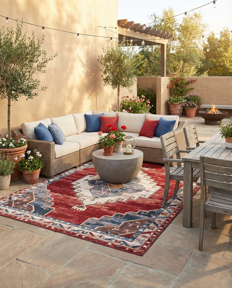 Patio Heritage Collection Area Rug -  Alcove Rectangle Red and Navy Blue  lifestyle 28