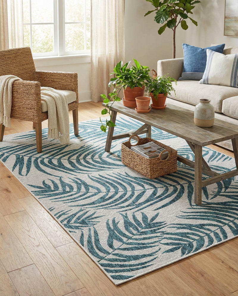 Seaside Blooms Collection Area Rug - Verdure (Teal Ivory) Rectangle Teal Ivory  lifestyle 4