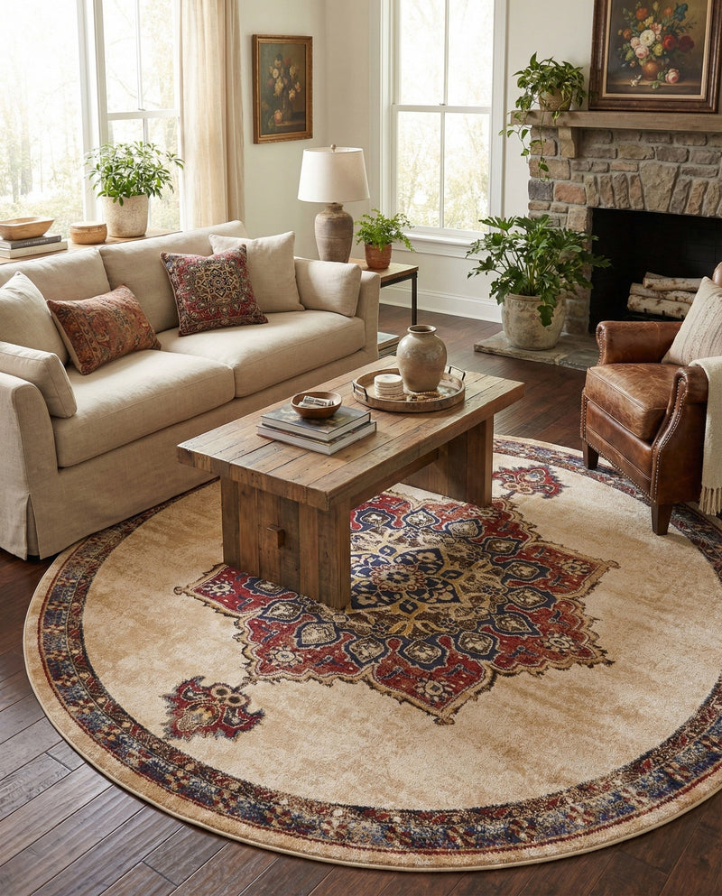 Eden Oasis Collection Area Rug -  Tranquility (Cream) Round Cream  lifestyle 49