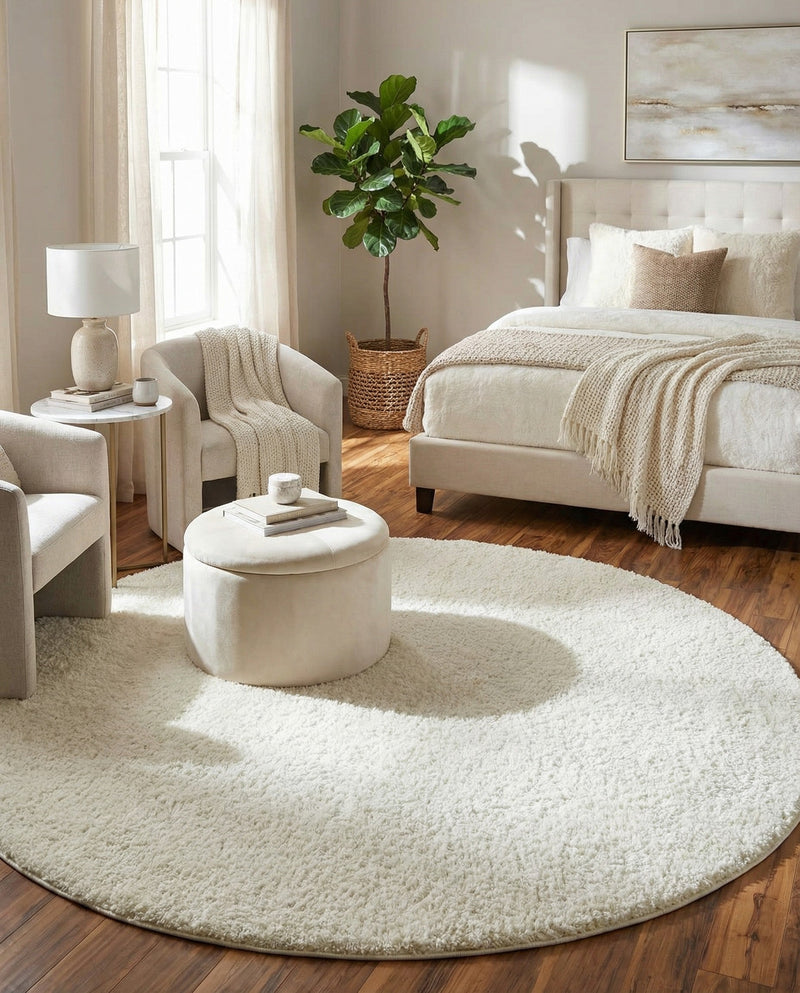 Cozy Comfort Shag Collection Area Rug - Haven (White) Round White  lifestyle 49