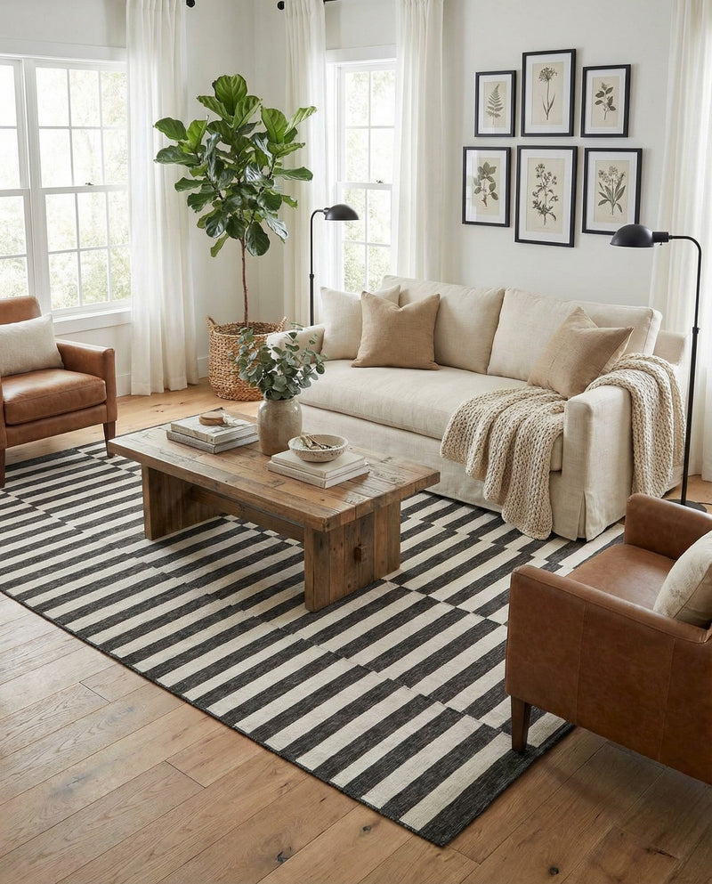 Seaside Stripes Collection Area Rug - Cabana (Charcoal) Square Charcoal  lifestyle 39