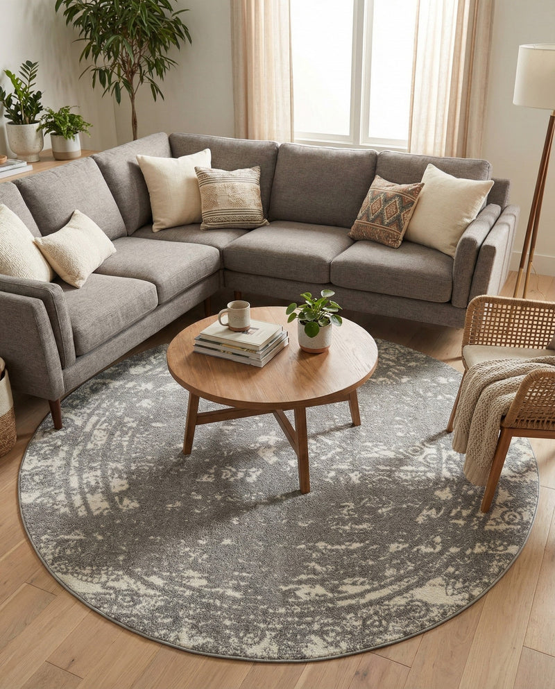 Brighton Stripes Collection Area Rug - Sussex (Gray and Ivory) Round Gray and Ivory  lifestyle 50