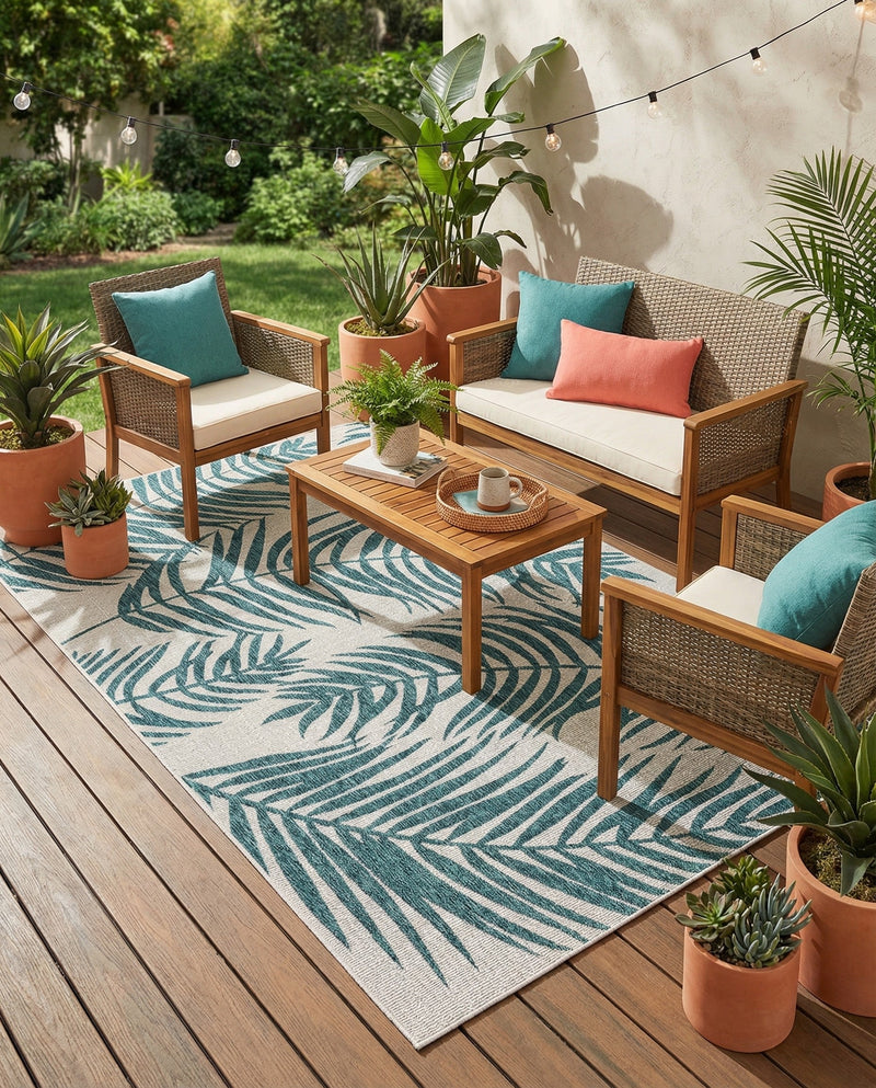 Seaside Blooms Collection Area Rug - Verdure (Teal Ivory) Rectangle Teal Ivory  lifestyle 11