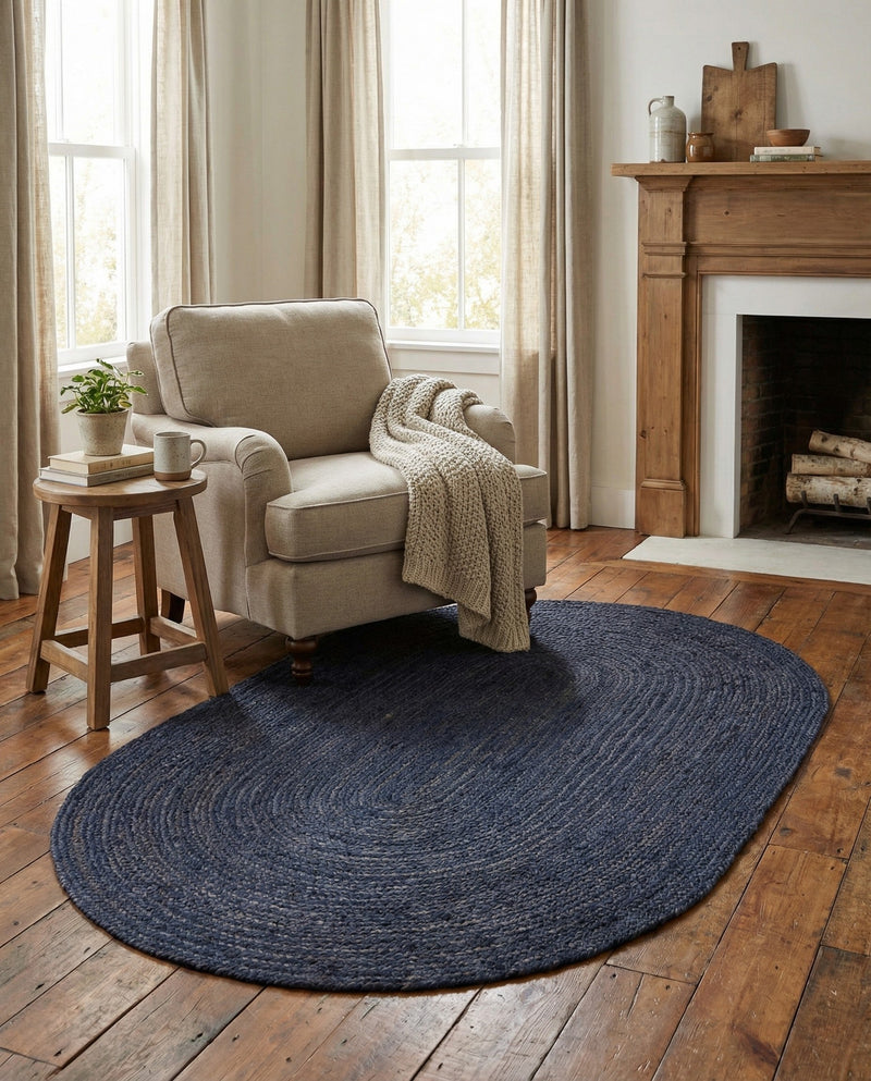 Woven Seaside Jute Collection Area Rug - Savannah (Navy Blue) Oval Navy Blue  lifestyle 80