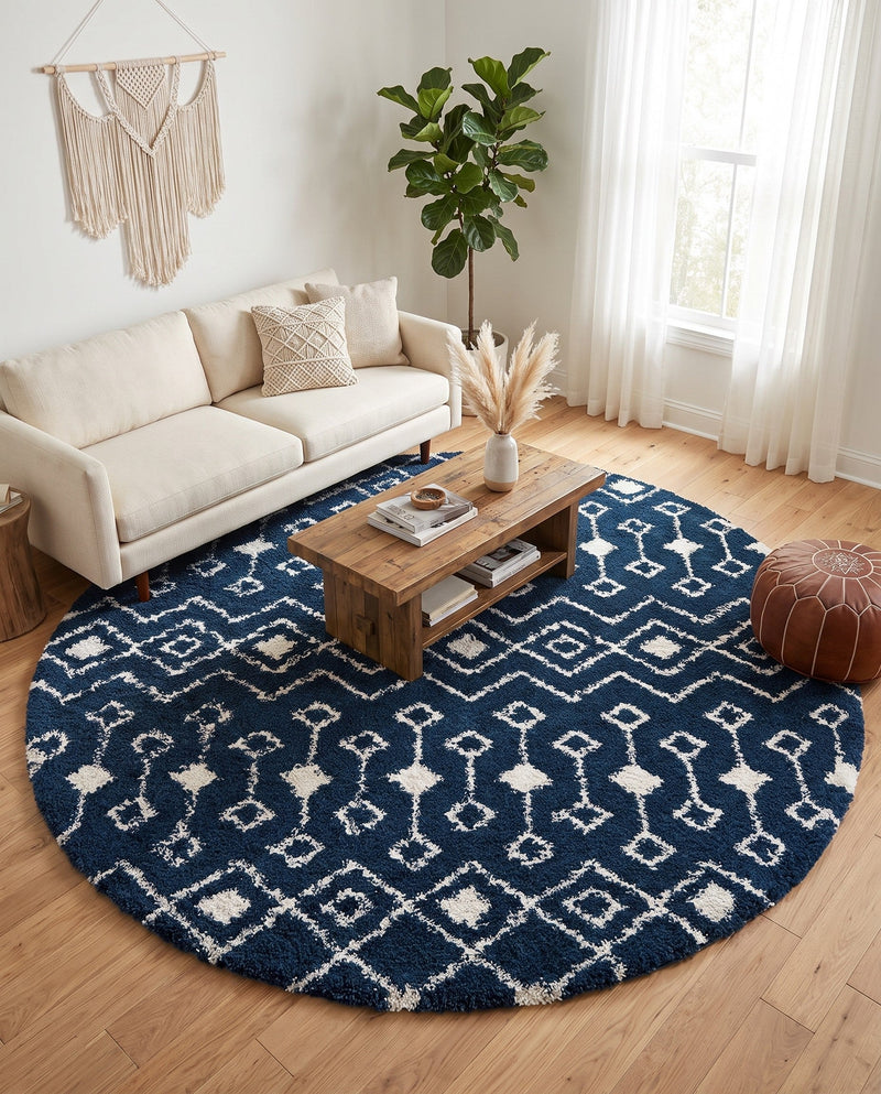 Berber Lattice Shag Collection Area Rug - Atlas (Navy Blue) Round Navy Blue  lifestyle 85