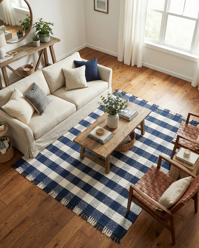 Sustainable Grid Indoor-Outdoor Oasis Collection Area Rug - Savannah Rectangle Navy Blue  lifestyle 17