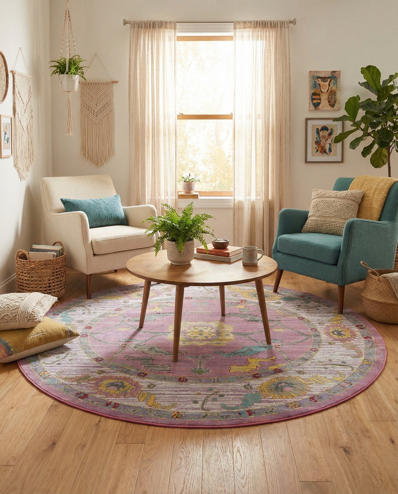 Arcadia Rugs Collection Area Rug - Eden (Pink) Round Pink  lifestyle 74