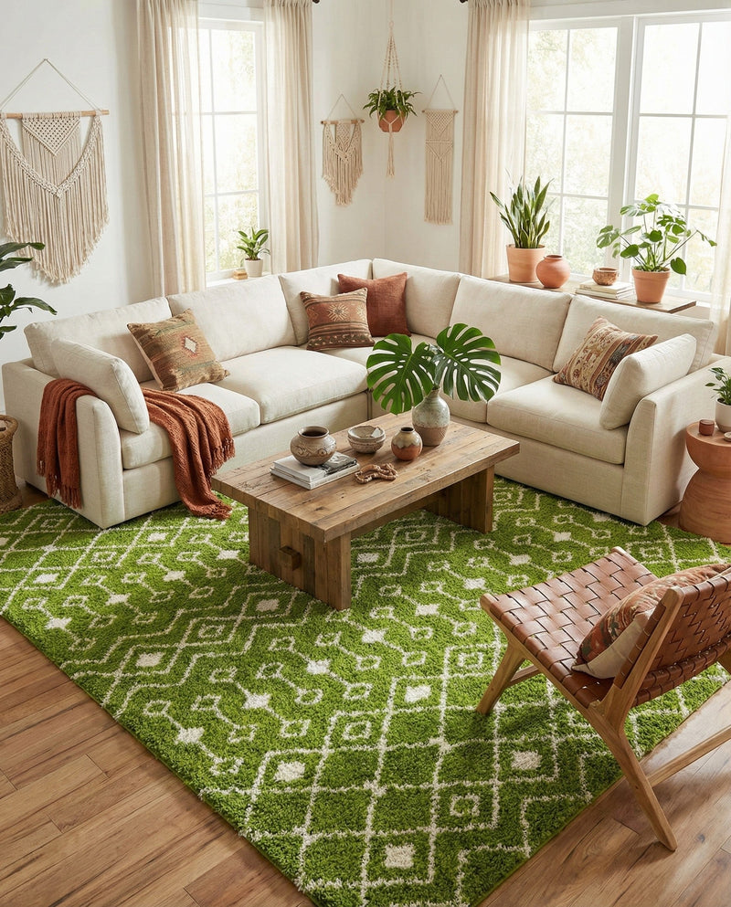 Berber Lattice Shag Collection Area Rug - Atlas (Green) Rectangle Green  lifestyle 5