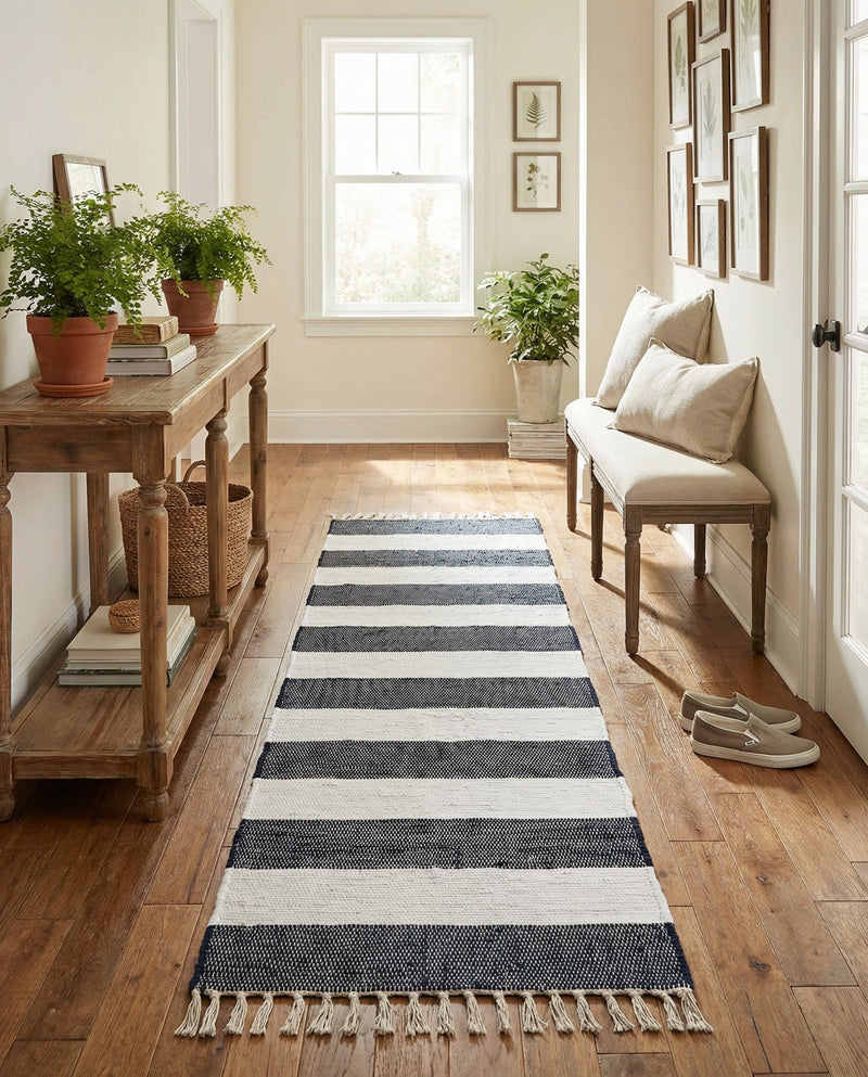 Tassel Trail Collection Area Rug - Pathway (Navy Blue) Runner Navy Blue  lifestyle 71