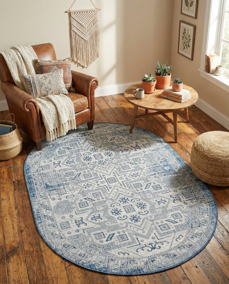 Tribal Terrace Treasures Collection Area Rug - Mayan Marina (Blue) Oval Blue  lifestyle 37