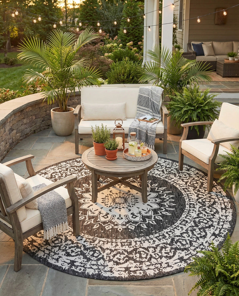 Patio Heritage Collection Area Rug -  Lafayette (Black and White) Round Black and White  lifestyle 22