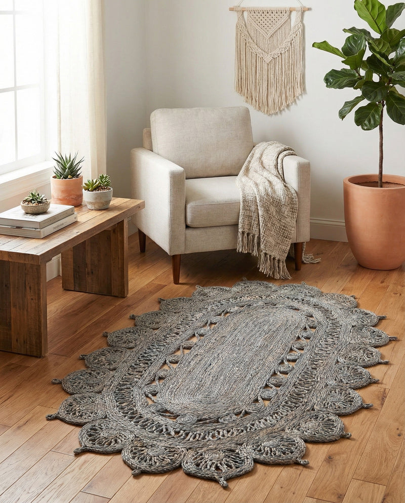 Woven Seaside Jute Collection Area Rug - Coastalhaven (Gray) Oval Gray  lifestyle 25