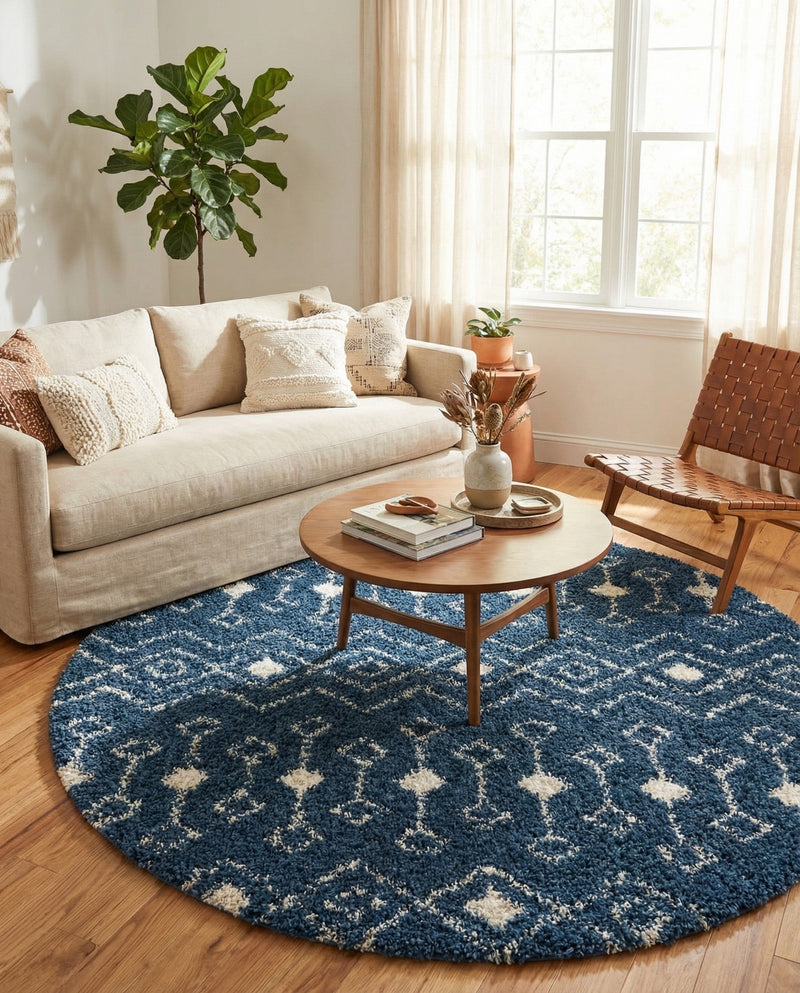 Berber Lattice Shag Collection Area Rug - Atlas (Navy Blue) Round Navy Blue  lifestyle 39