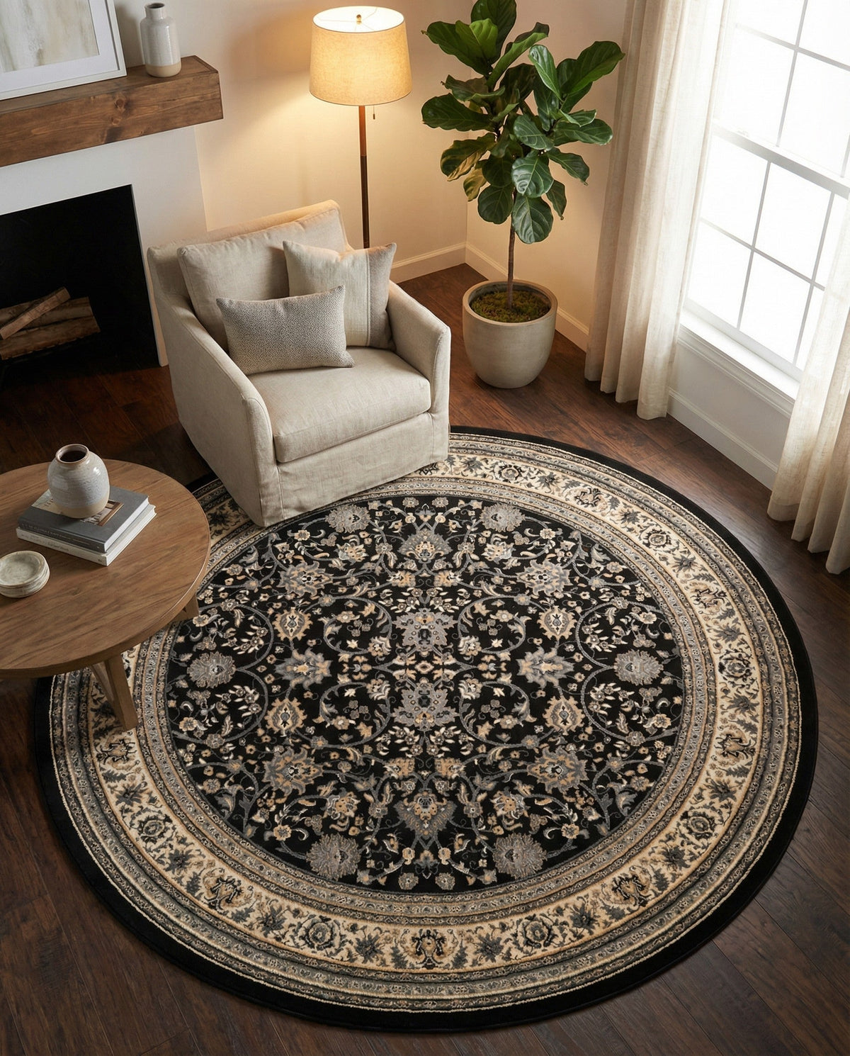 Isfahan Elegance Collection Area Rug - Naghsh-e Jahan (Black) Round Black  lifestyle 117