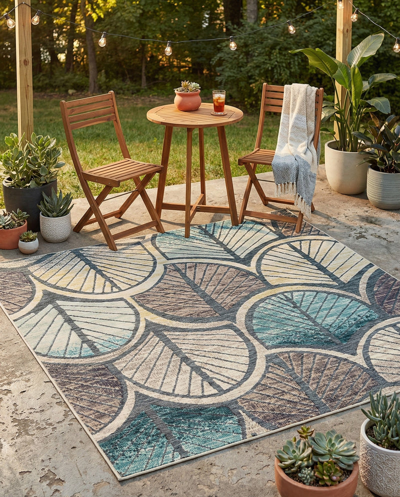 Outdoor Marrakesh Collection Area Rug -  Rabat Square Gray Blue Ivory  lifestyle 68