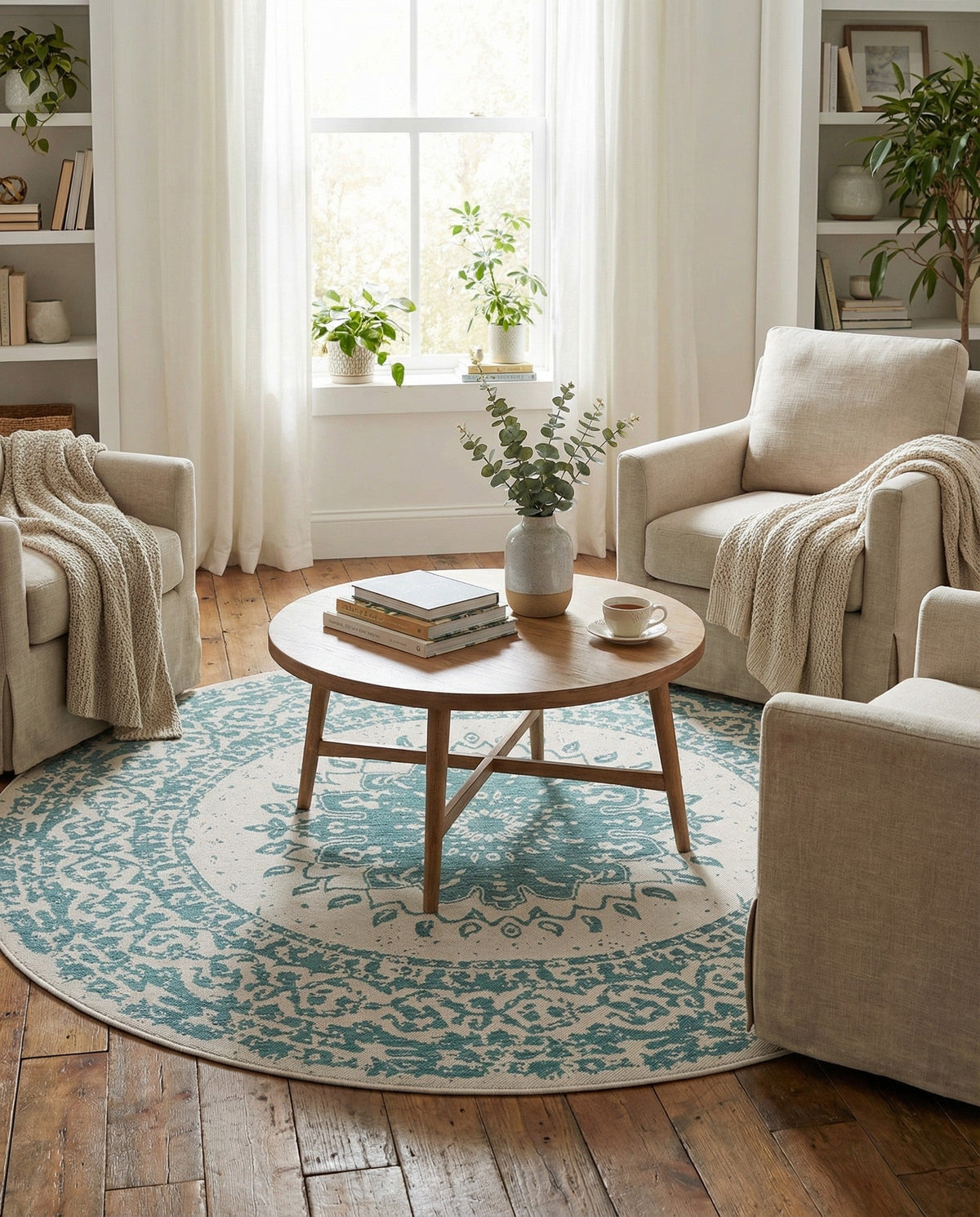 Patio Heritage Collection Area Rug -  Lafayette (Aqua) Round Aqua  lifestyle 82