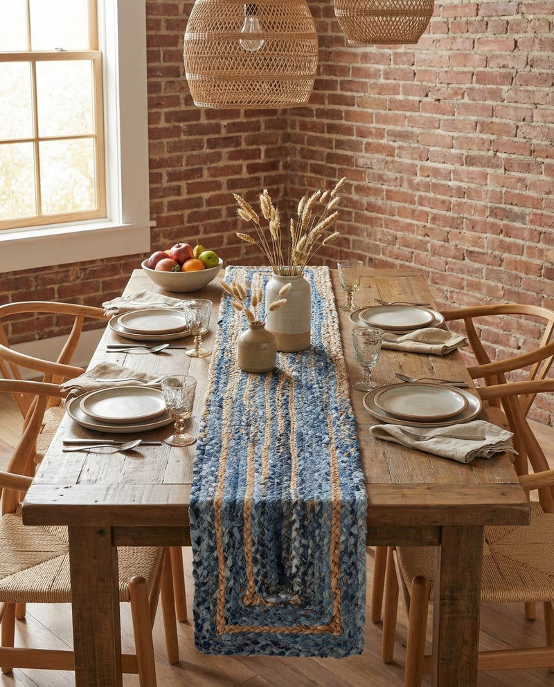 Woven Udaipur Collection Area Rug - Sahara Table Runner Blue and Natural  lifestyle 67