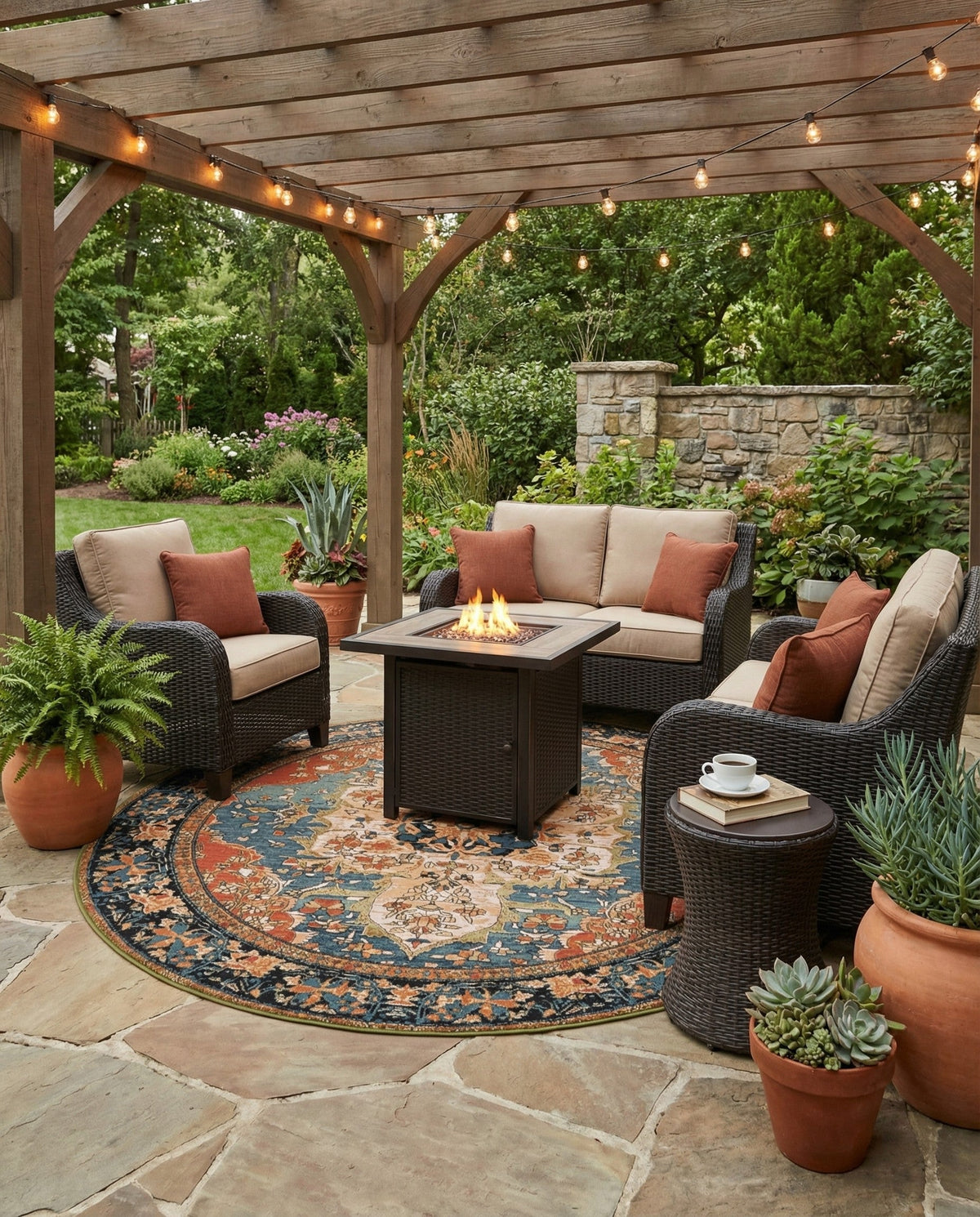 Patio Heritage Collection Area Rug -  Grove Round Navy Blue and Rust Red  lifestyle 87