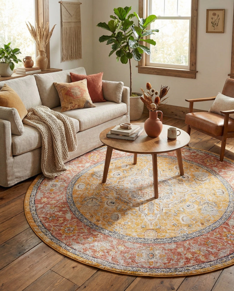 Seville Stripes Collection Area Rug - Cadiz (Yellow) Round Yellow  lifestyle 74