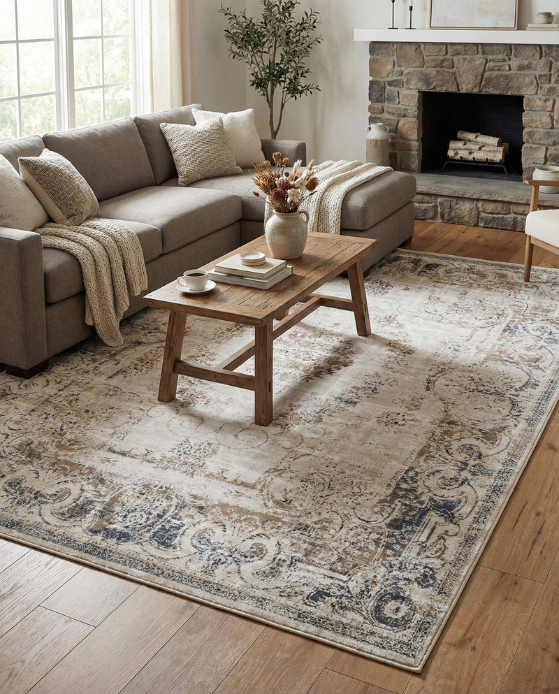Coastal Manor Collection Area Rug -  Pierpoint Rectangle Blue Cream  lifestyle 13