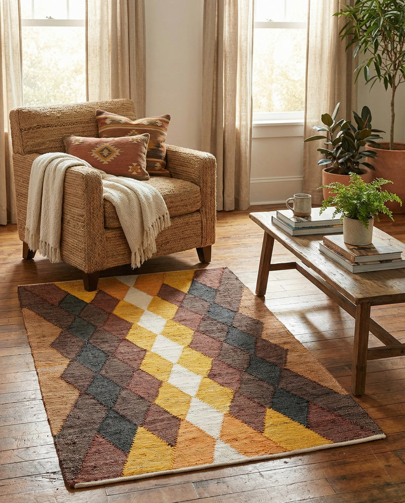 Thar Cotton Collection Area Rug -  Munnar Rectangle Brown Yellow Black  lifestyle 11