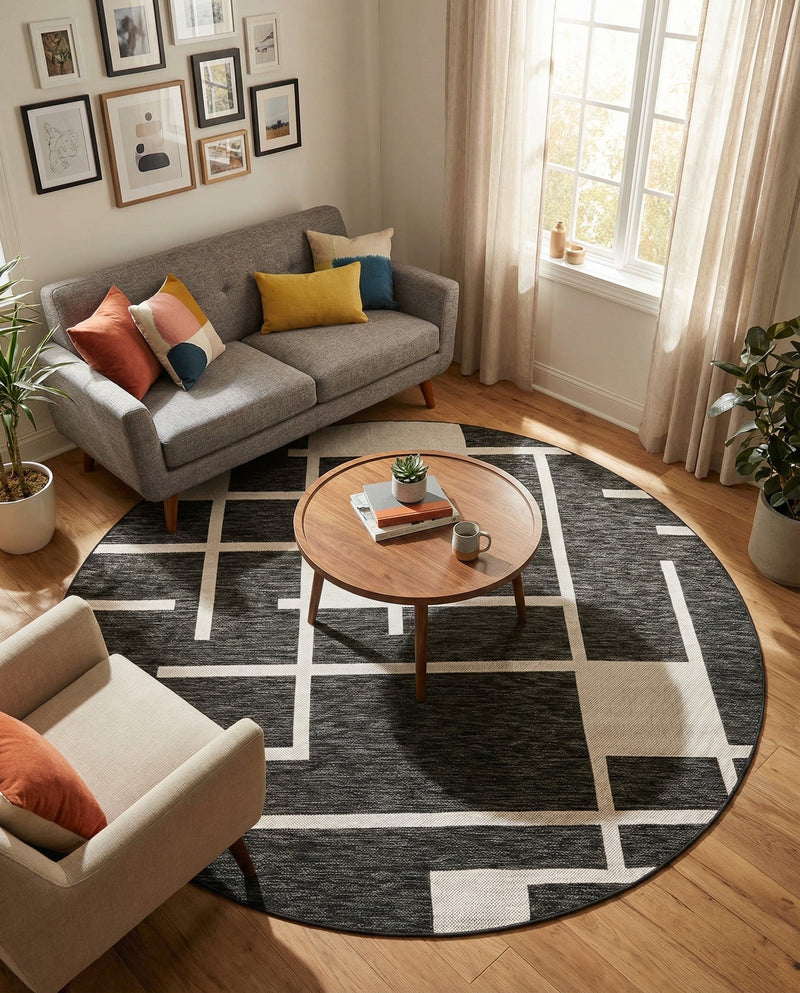 Urban Terrace Collection Area Rug -  Parkside Round Black and White  lifestyle 56
