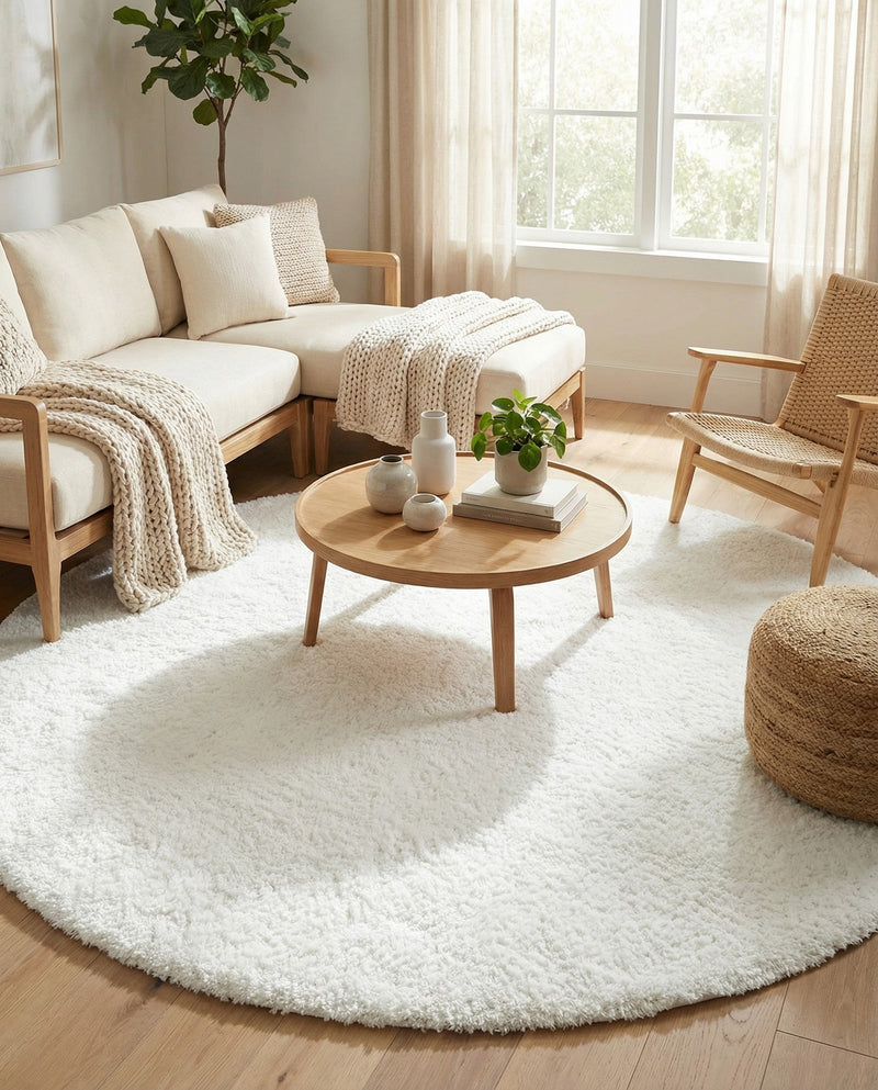 Solid Shag Seaside Collection Area Rug - Azure Cove (Snow White) Round Snow White  lifestyle 74