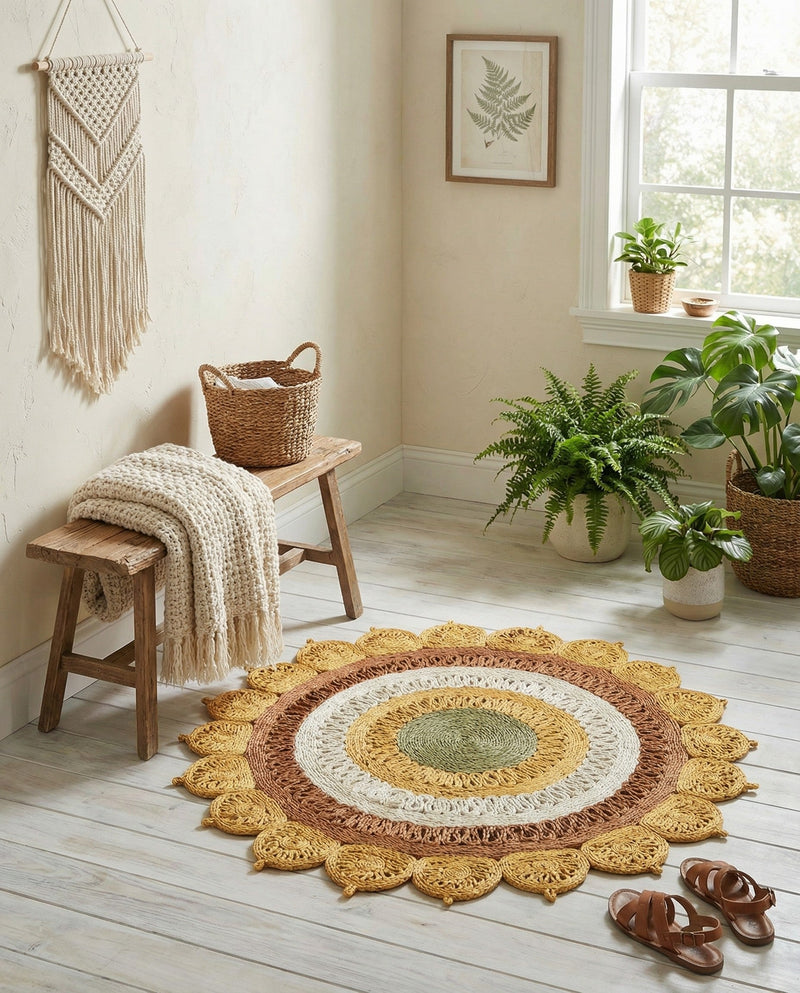 Woven Seaside Jute Collection Area Rug - Coastalhaven (Sunflower Yellow) Round Sunflower Yellow  lifestyle 14