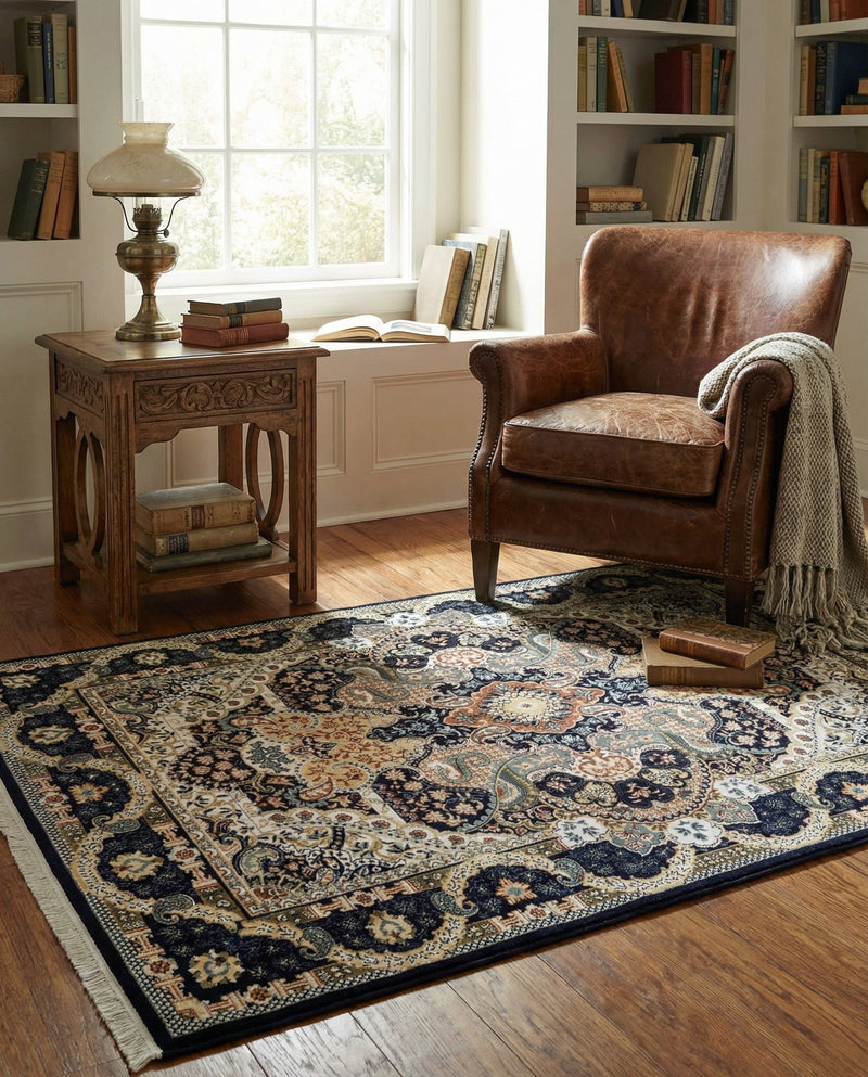 Persian Elegance Collection Area Rug -  Shiraz Rectangle Navy Blue  lifestyle 34