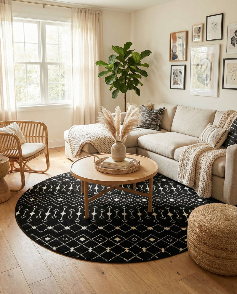 Mediterranean Lattice Collection Area Rug - Santorini (Black and White) Round Black and White  lifestyle 51