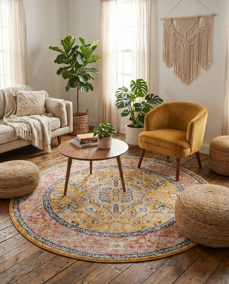 Seville Stripes Collection Area Rug - Cadiz (Yellow) Round Yellow  lifestyle 77