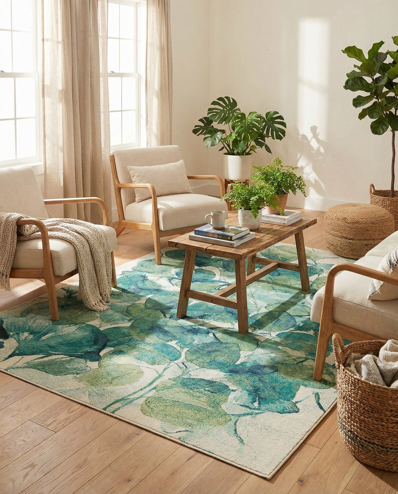 Seaside Blooms Collection Area Rug -  Flora Rectangle Blue Green  lifestyle 19