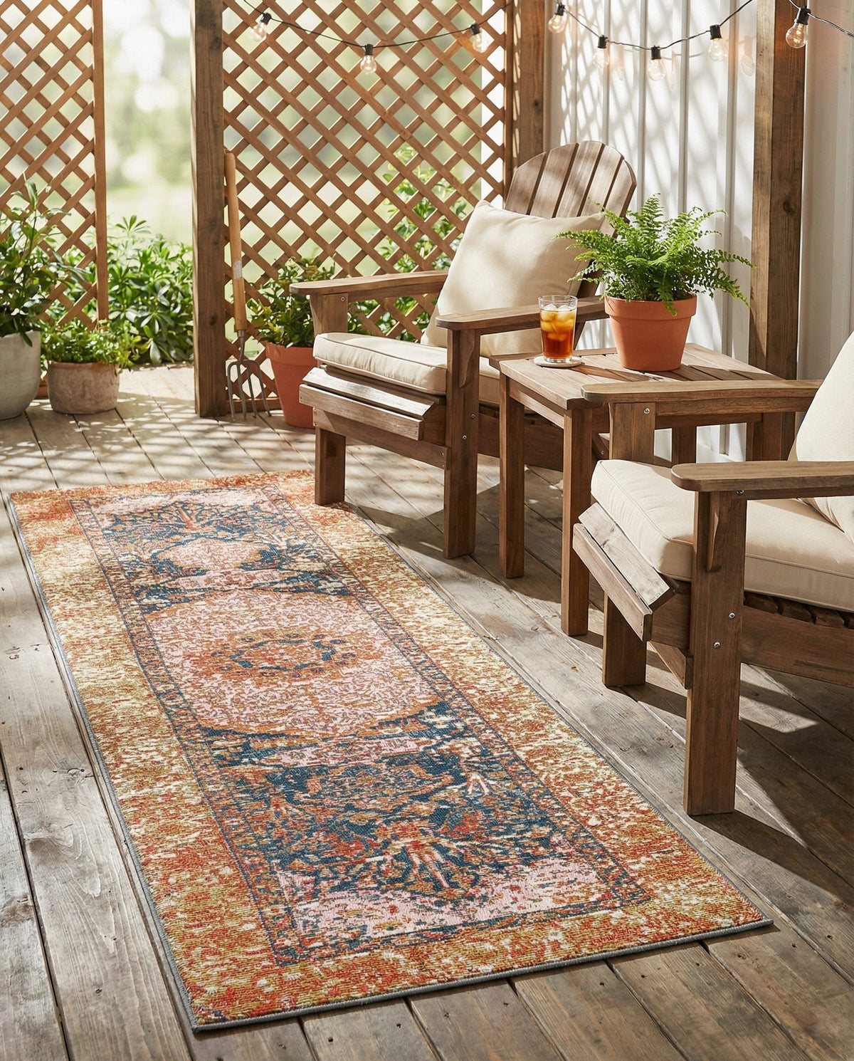 Patio Heritage Collection Area Rug -  Courtyard Runner Navy Blue and Light Pink  lifestyle 92