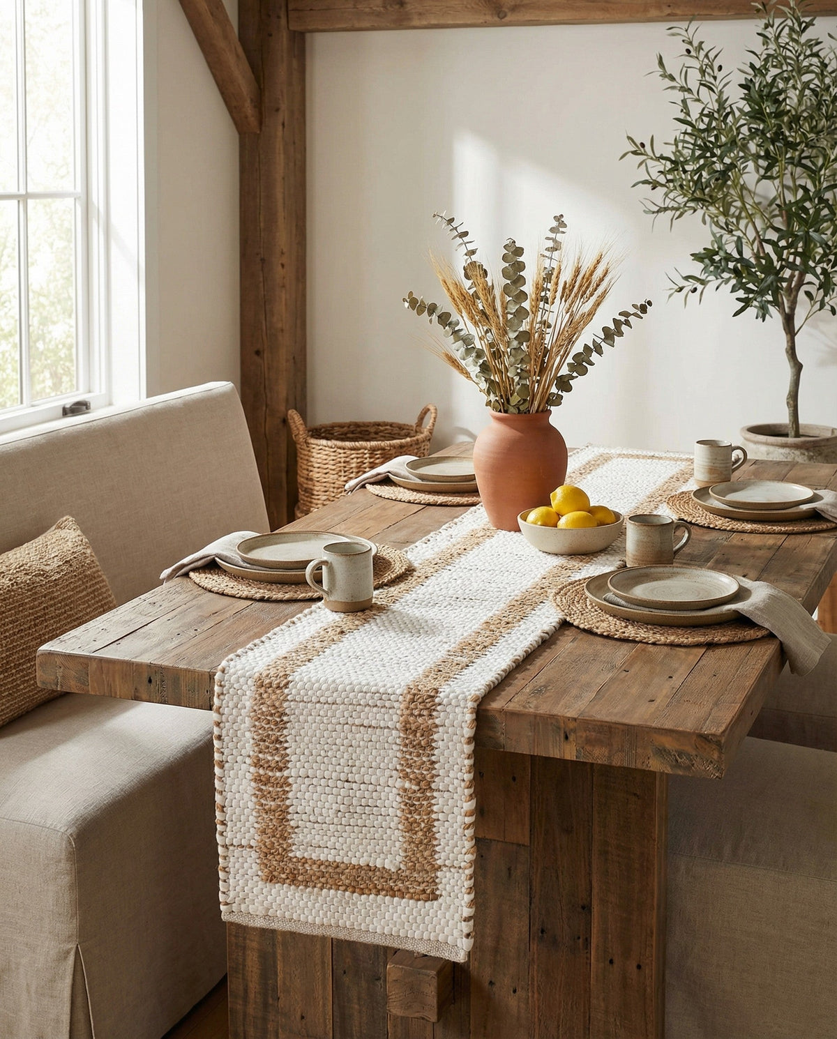 Osian Looms Collection Area Rug - Durham Table Runner White and Natural  lifestyle 185
