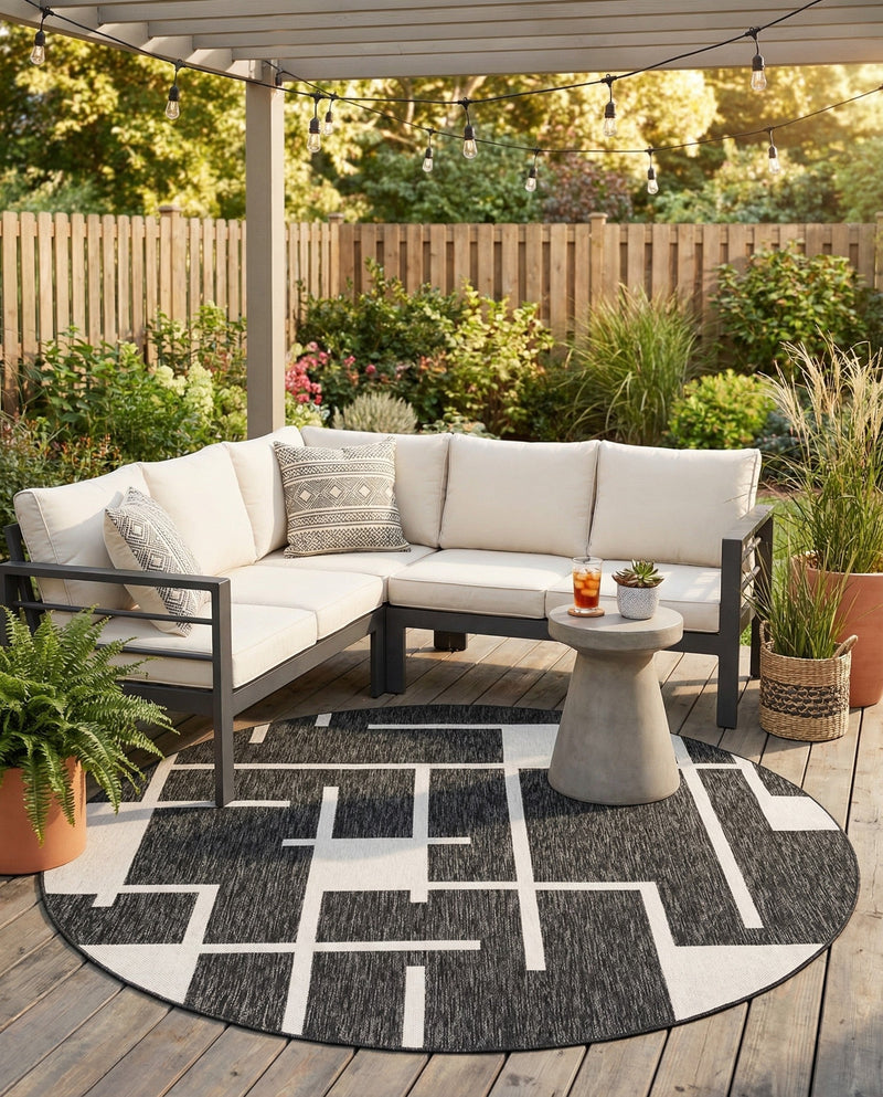 Urban Terrace Collection Area Rug -  Parkside Round Black and White  lifestyle 57