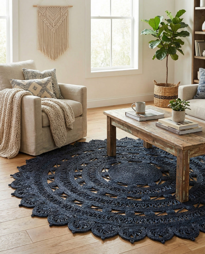Woven Seaside Jute Collection Area Rug - Coastalhaven (Navy Blue) Round Navy Blue  lifestyle 26