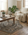 Woven Seaside Jute Collection Area Rug - Nantucket Round Black and White  lifestyle 48