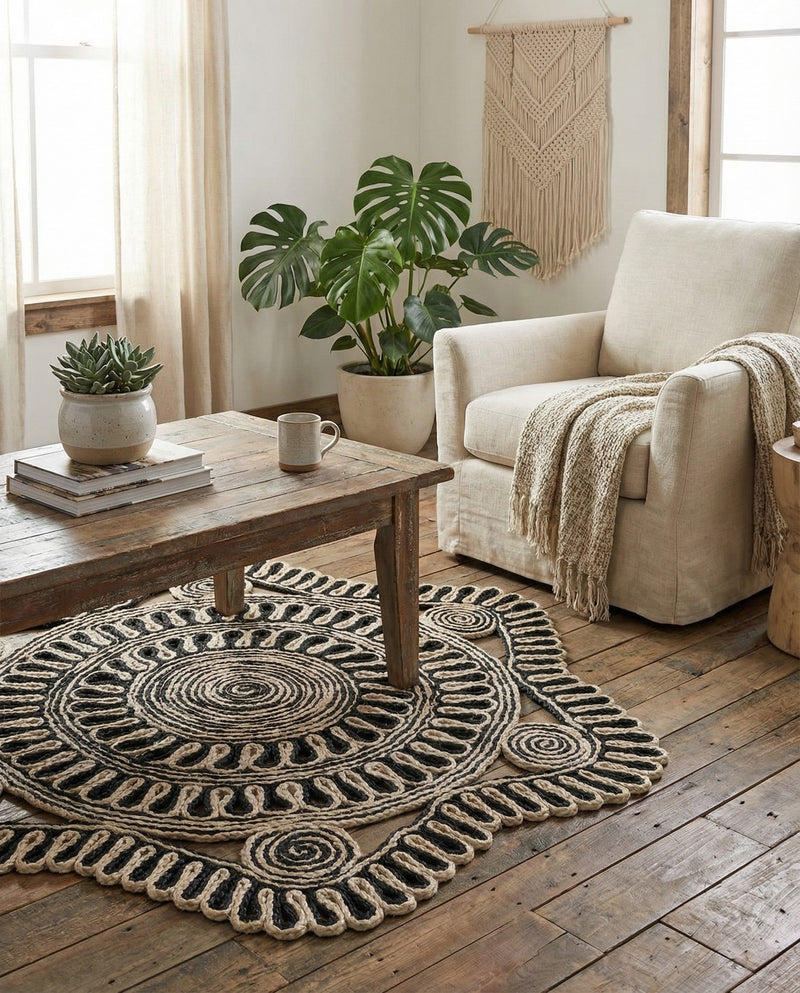 Woven Seaside Jute Collection Area Rug - Nantucket Round Black and White  lifestyle 48