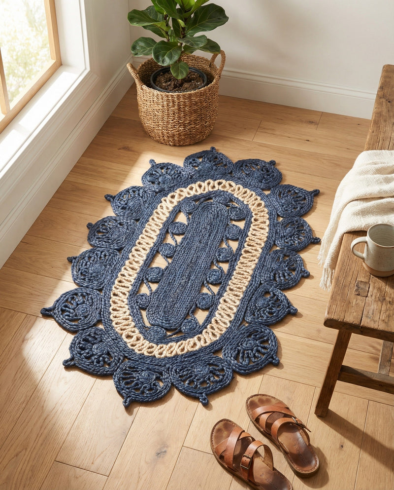 Woven Seaside Jute Collection Area Rug - Coastalhaven (Navy Blue and White) Oval Navy Blue and White  lifestyle 13