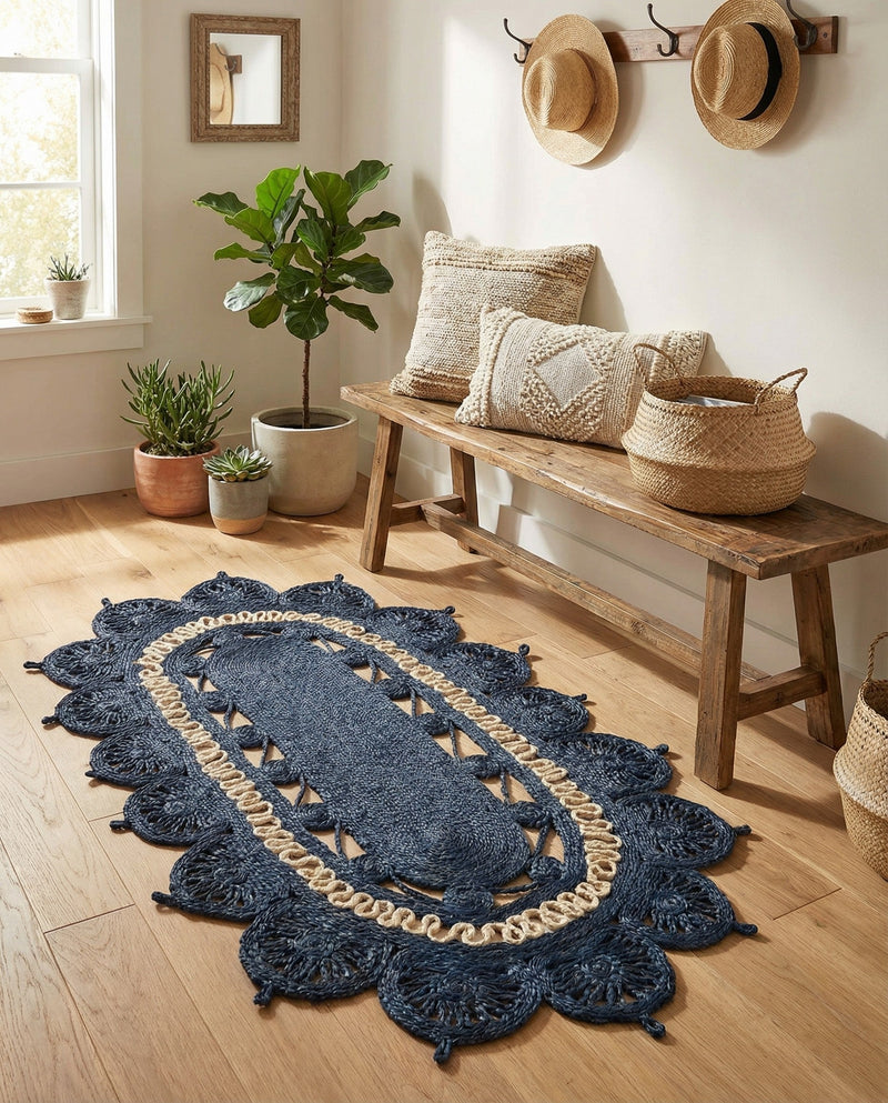 Woven Seaside Jute Collection Area Rug - Coastalhaven (Navy Blue and White) Oval Navy Blue and White  lifestyle 30