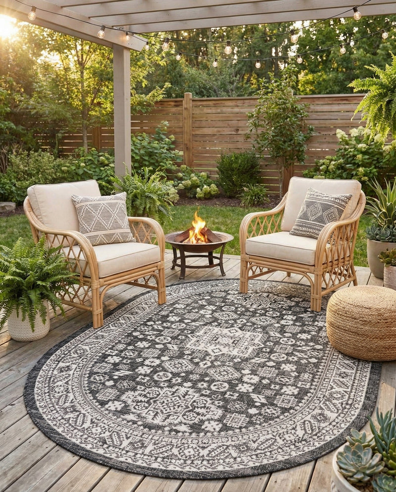 Tribal Terrace Treasures Collection Area Rug -  Incan Isle (Charcoal Gray) Oval Charcoal Gray  lifestyle 34