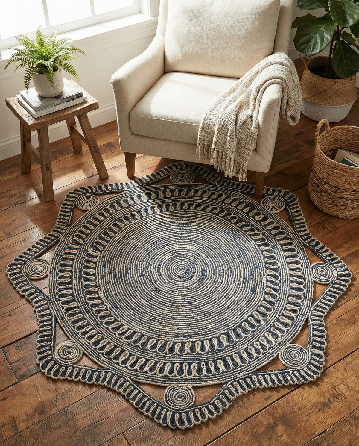 Woven Seaside Jute Collection Area Rug - Nantucket Round Navy and White  lifestyle 96