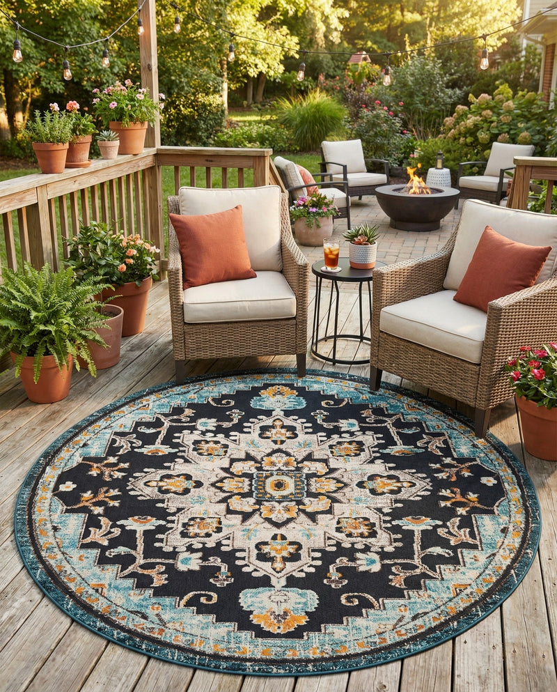 Outdoor Marrakesh Collection Area Rug -  Essaouira Round Navy Blue  lifestyle 72
