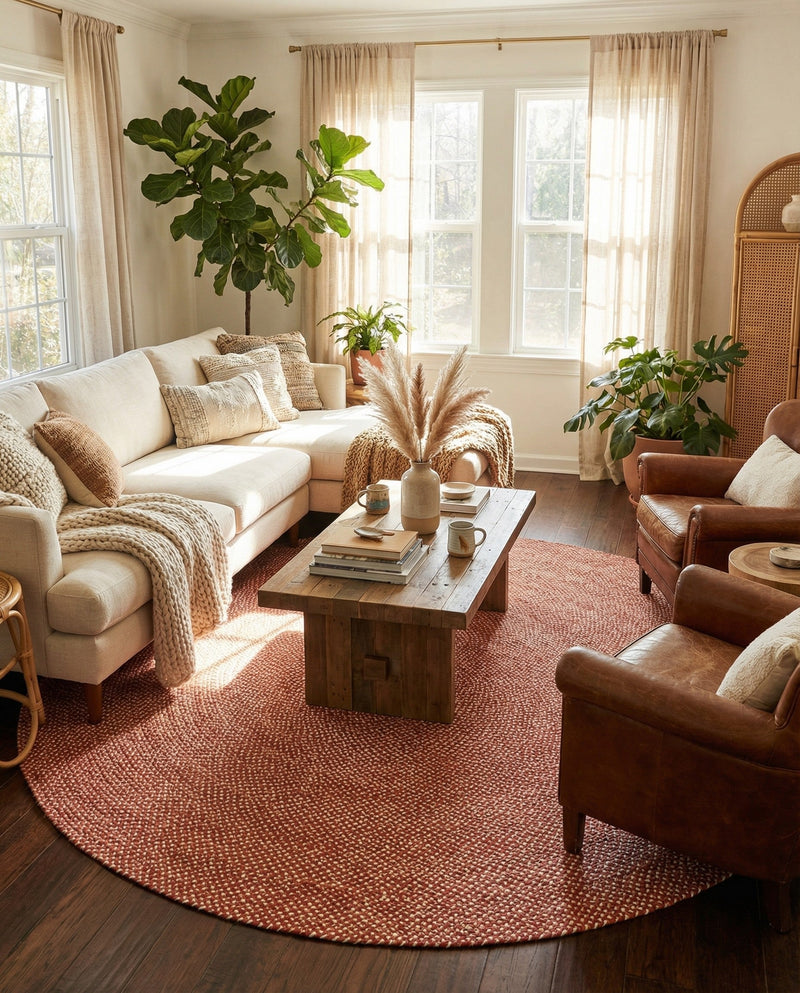 Highland Woven Jute Collection Area Rug - Glenmore (Rust Red) Round Rust Red  lifestyle 44